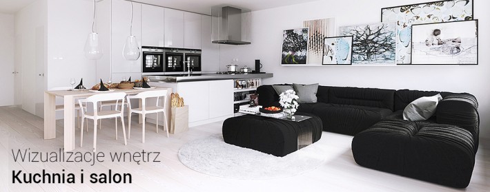 Wizualizacje wnętrz: kuchnia i salon